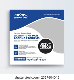 Roofing Social Media Post Roof repair, worker replacing gray tiles or shingles on house with blue sky as background and copy space, Roofing - construction worker