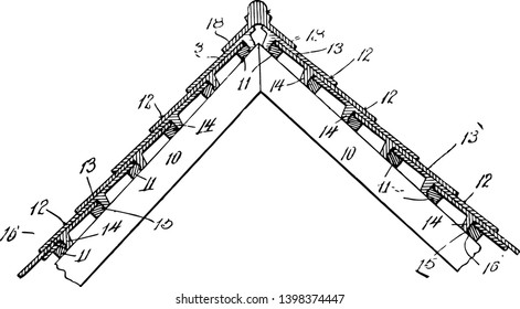 Roofing Tile is fired clay used for roofing fixing them with nails hung in parallel rows vintage line drawing or engraving illustration.