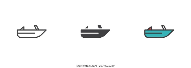 Roofless speed boat different style icon set. Line, glyph and filled outline colorful version, outline and filled vector sign. Symbol, logo illustration. Vector graphics