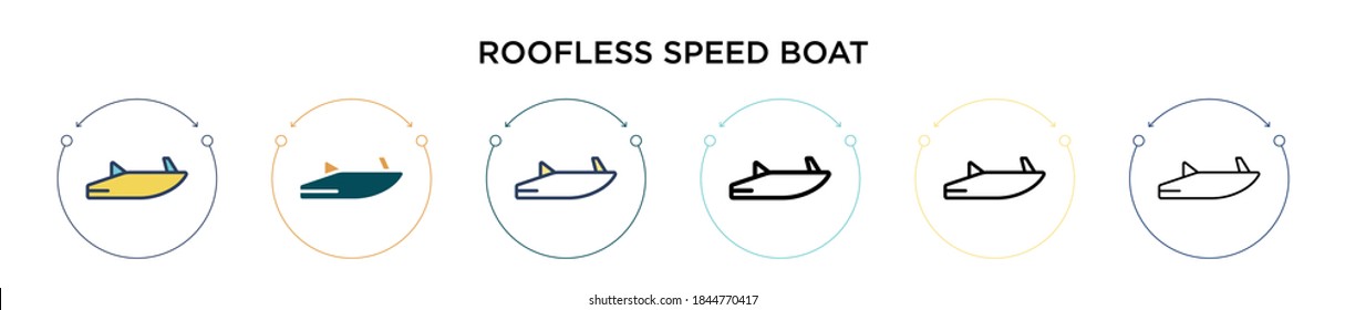 Icono de bote de velocidad inoxidable en el estilo relleno, delgado, contorno y trazo. Ilustración vectorial de dos íconos vectores de barcos de alta velocidad de tejados negros y de color negro para móviles, ui, web