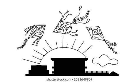 Roofs of houses, flying kites. City silhouette. Festival, holiday. Background white isolated.