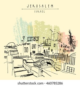 Roofs of Jerusalem above Arabic market, Israel. Jewish quoter. Hand drawing. Travel sketch. Vintage touristic postcard, poster, greeting card. Vector illustration