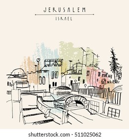 Roofs of Jerusalem above Arabic market, Israel. Jewish quoter. Travel sketch. Hand drawn touristic postcard, poster, calendar or book illustration. Jerusalem city view postcard in vector