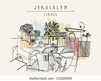 Roofs in Jerusalem, Israel. Travel sketch. Hand drawn touristic postcard, poster, calendar or book illustration. Jerusalem city view postcard with hand lettering in vector