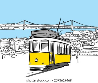 roofs of Lisbon with tram. hand drawn vector sketches from Lisboa, Portugal.