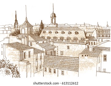 Roofs of an Old European city. Hand drawn sketch on texture background