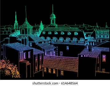 Roofs of an Old European city. Hand drawn sketch on black background