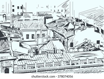 Roofs in the old town center. Saint-Petersburg, Russia. Hand drawn vector digital illustration