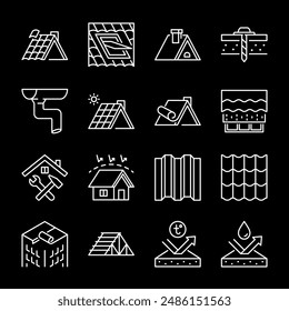 Roofs, white line icons. Construction and repair of different types of roofs. Essential for architecture and home improvement themes. Symbols on black background. Editable stroke.