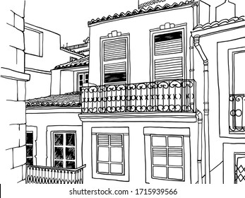 Roofs and windows. Urban background in hand drawn sketch style. Old street in romantic Alfama, Lisbon, Portugal. Ink line drawing. Vector illustration on white background