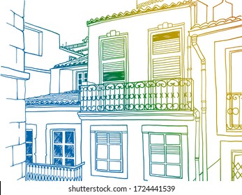 Roofs and windows. Urban background in hand drawn sketch style. Old street in romantic Alfama, Lisbon, Portugal. Ink line drawing. Colourful Vector illustration on white background