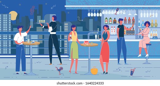 Rooftop Bar or Nightclub Furnishing, Staff and Visitors on Night Cityscape Background. People Cartoon Characters near Bar Counter and at Tables. Public Recreation Place. Flat Vector Illustration.