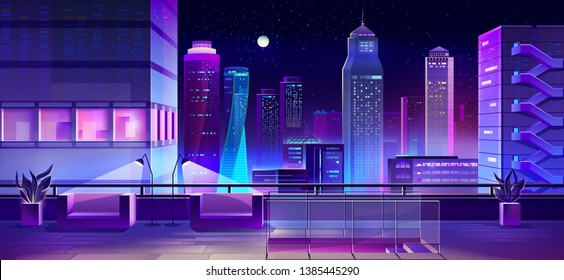 Rooftop bar, restaurant lounge area with comfortable armchairs, flowerpot, lamps on city house roof cartoon vector. Night metropolis view with illuminated skyscrapers from terrace above street level