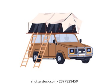 Rooftop car tent. SUV with roof-top camping. Campers auto transport for road trip, travel, adventure. Touristic vehicle, holiday automobile. Flat vector illustration isolated on white background.