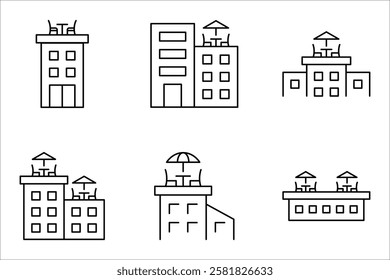 Rooftop deck linear icon set. Panoramic terrace. Luxurious penthouse balcony. vector illustration on white background