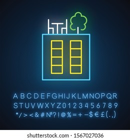 Rooftop deck neon light icon. Panoramic terrace. Luxurious penthouse balcony. Garden space on roof. Sky park lounge zone. Glowing sign with alphabet, numbers and symbols. Vector isolated illustration