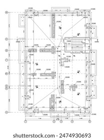 Rooftop detailed architectural drawing, vector blueprint