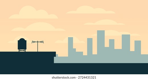 Ilustración de borde de techo. Silueta plana en primer plano. Antena y detalle del tanque de agua. Amplio cielo pastel con nubes en capas. Escena de altura urbana tranquila.