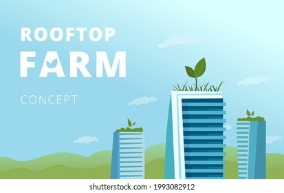 Rooftop farm concept. Several skyscrapers with greenery on top, a landing page template.