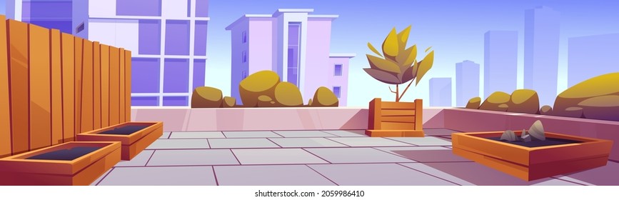 Rooftop garden, building terrace with green plants and wooden crates for gardening and farming. Vector cartoon illustration of modern patio with trees and bushes on house roof or balcony