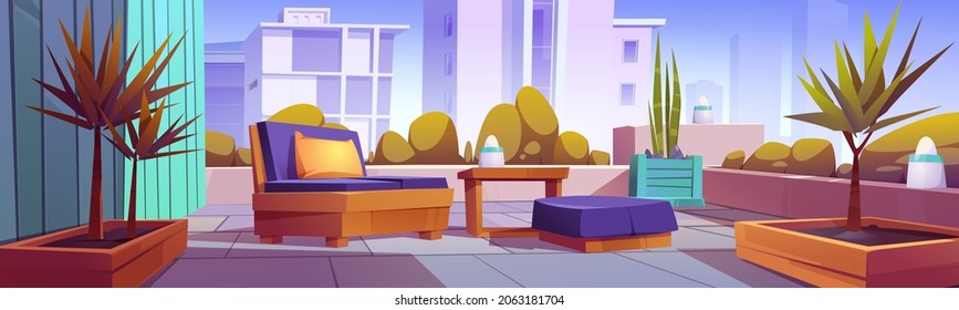 Rooftop garden, building terrace with green plants and furniture for relax. Vector cartoon illustration of modern patio on house roof or balcony with table, chairs, bushes and trees in wooden crates