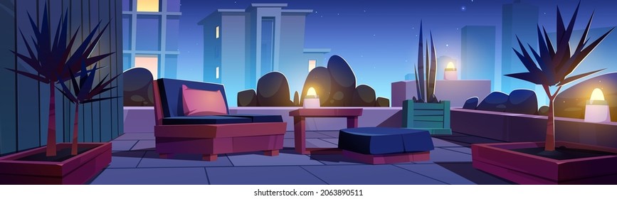 Rooftop Garden, Building Terrace With Plants And Furniture At Night. Vector Cartoon Illustration Of Modern Patio On House Roof Or Balcony With Bushes, Trees, Lamps, Table And Chairs For Relax