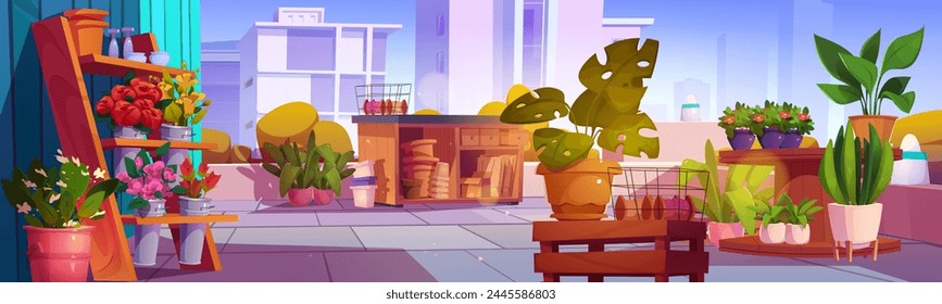 Rooftop garden on cityscape background. Vector cartoon illustration of terrace on top of modern skyscraper, green plants in pots, blooming flowers in metal buckets on wooden shelves, gardening hobby