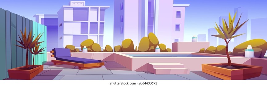 Rooftop garden with swimming pool, urban outdoor terrace on building roof with plants and chaise lounge. Modern patio with cityscape view, recreational area on house top, Cartoon vector illustration