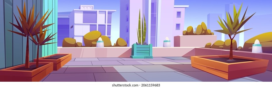 Rooftop garden, urban outdoor terrace on building roof with green plants in wooden boxes with soil. Modern patio with cityscape view, city recreational place on house top, Cartoon vector illustration