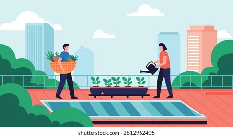 Rooftop gardening concept with people caring for plants and solar panels installed on building roof in modern city.