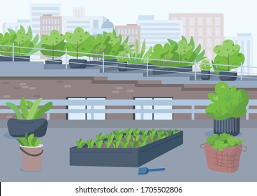 Rooftop gardening flat color vector illustration. Outdoor urban place for cultivating potted plants. Grow greenery outside. Highrise building roof 2D cartoon exterior with cityscape on background