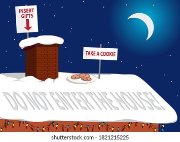 Rooftop of a house in Christmas night with cookies and safety instructions for Santa Claus as covid-19 measures,  EPS 8 vector illustration, no transparencies, no mesh