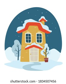 Rooftop of house covered with snow, winter landscape of rural area. Calm scene of cottage or chalet. Architecture of building in countryside. Mansion with decorative plant in pot, vector in flat style