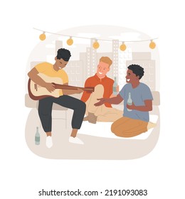 At The Rooftop Isolated Cartoon Vector Illustration. Guys Having Fun At Rooftop, Teens Hanging Out Together, Playing Guitar And Laughing, Teenage Friends Drinking And Talking Vector Cartoon.