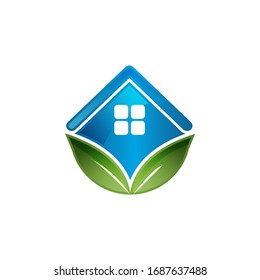 Ilustraciones vectoriales del logotipo del edificio verde en el techo y hoja