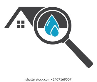 rooftop leaking with water drop and magnifying glass icon