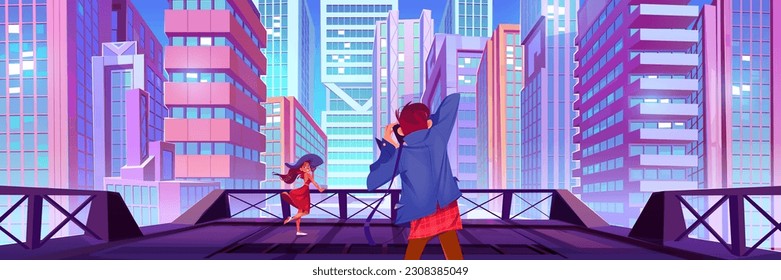 Rooftop on city building scene. Cameraman take photo for woman on hotel roof terrace scene cartoon illustration. Man with camera shoot girl pose on balcony with cityscape and skyscraper view