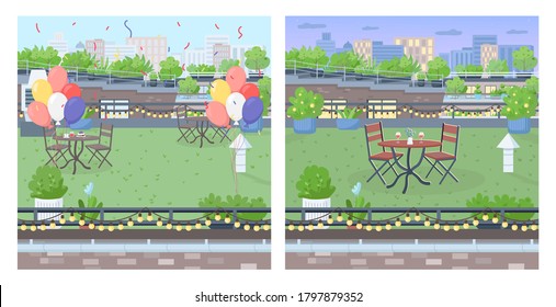 Rooftop for party flat color vector illustration set. Party celebration furniture on urban terrace. Romantic date in garden. Decorated roof 2D cartoon landscape with cityscape on background collection