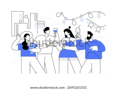 Rooftop party isolated cartoon vector illustrations. Happy people having fun at birthday party at rooftop, celebration with friends, drinking champagne, special occasion vector cartoon.