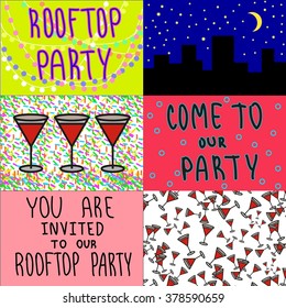 Rooftop roof top night party invitation card with martini glass alcohol bar, confetti and garland light, city view and moonlight  