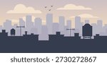 Rooftop silhouette illustration. Foreground roofs with antenna and water tank shapes. Softer city layer behind. Wide pastel sky above.