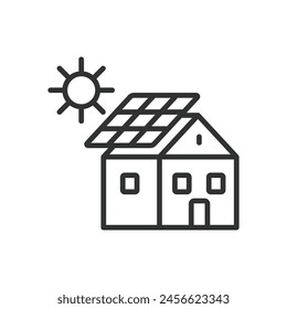 Rooftop solar panel, in line design. Rooftop solar panel, solar, rooftop, panel, energy, power on white background vector. Rooftop solar panel editable stroke icon