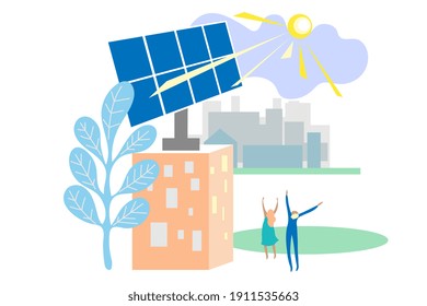 Sonnenkollektor und Sonne auf dem Dach. Alternative Energie. Die Wolkenkratzer der Stadt ziehen die Wolkenkratzer an. Umweltkonzept Einfaches Flachdesign. Vektorgrafik.
