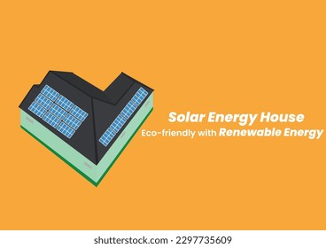 Rooftop solar PV. House with Solar Panels on the Roof. Energy Effective House. Renewable energy poster.