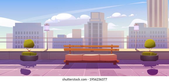 Rooftop terrace with bench on city view background. Empty patio on skyscraper roof or balcony with railing and potted plants. Outdoor area for relax on modern cityscape, Cartoon vector illustration.