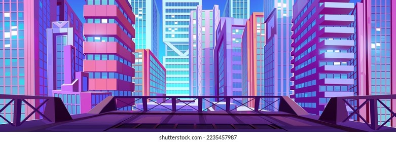 Terraza en la azotea con vistas a los edificios de la ciudad y a los rascacielos. Techo vacío o balcón sobre la calle de la ciudad con el fondo del paisaje del centro, ilustración vectorial de dibujos animados