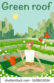 Rooftop urban farming, gardening or agriculture. A woman sitting in lotus yoga pose on the rooftop with a city tower buildings on the background