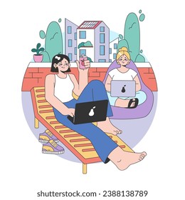 Rooftop work relaxation concept. Two young professionals lounging on a vibrant terrace, working on laptops and sipping cool drinks. Urban backdrop with lively greenery. Flat vector illustration