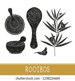 Rooibos. Leaves, flower, tea, bowl, spoon, mortar. Black silhouette on white background. Set