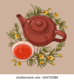rooibos tea in teapot and tea bowl vector illustration 